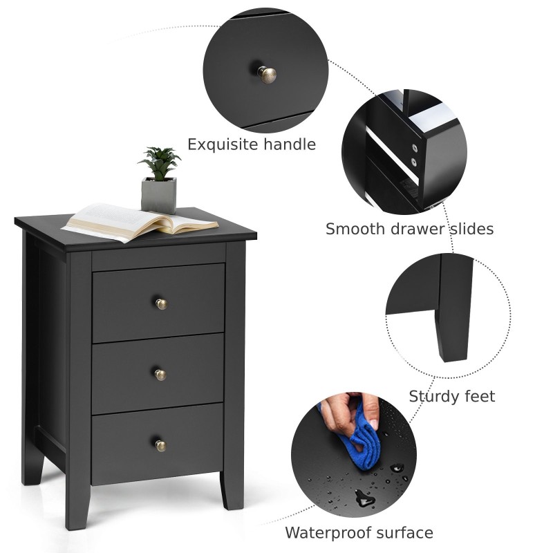 Musta yöpöytä 3 laatikolla, moderni ja kestävä muotoilu