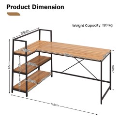 Käännettävä L-muotoinen tietokonepöytä avohyllyillä, pähkinäpuu