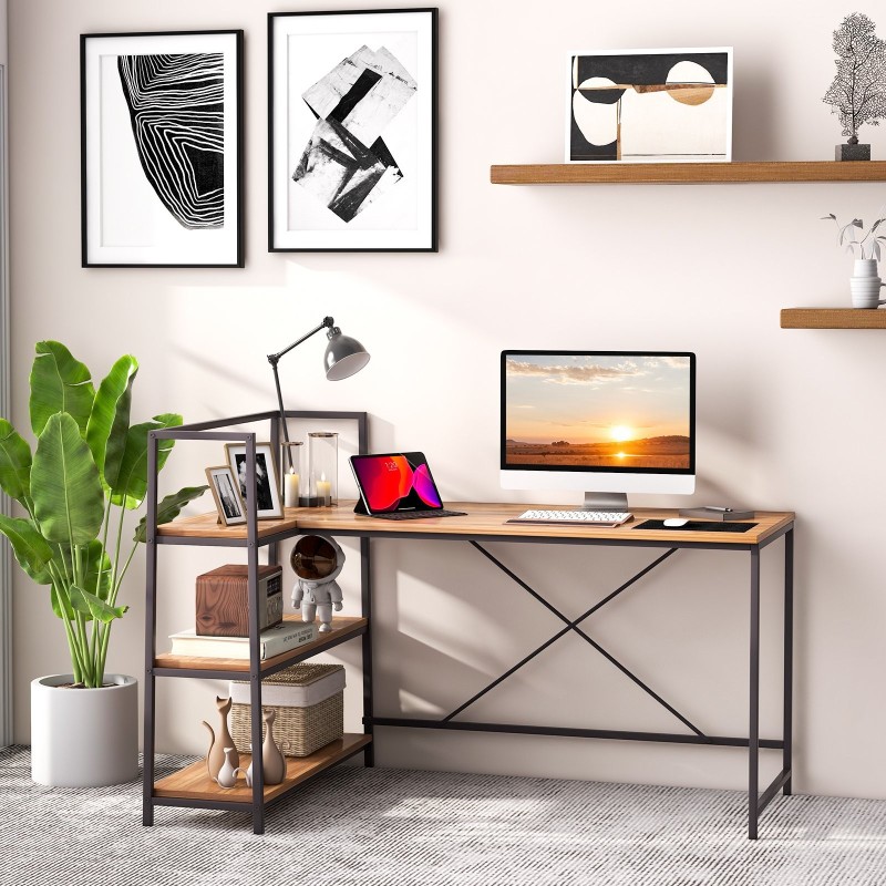 Käännettävä L-muotoinen tietokonepöytä avohyllyillä, pähkinäpuu