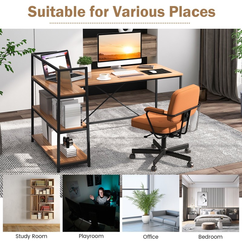 Käännettävä L-muotoinen tietokonepöytä avohyllyillä, pähkinäpuu