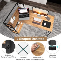 Käännettävä L-muotoinen tietokonepöytä avohyllyillä, pähkinäpuu