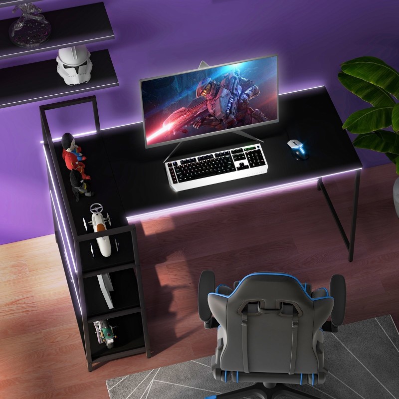 Käännettävä L-muotoinen tietokonepöytä avohyllyillä musta