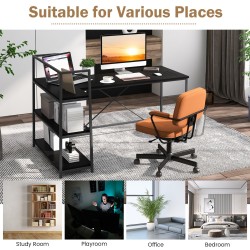 Käännettävä L-muotoinen tietokonepöytä avohyllyillä musta