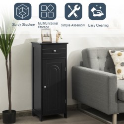 Musta yksiovinen kylpyhuonekaappi laatikolla ja säädettävillä hyllyillä