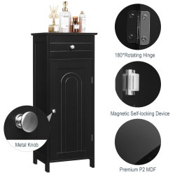 Musta yksiovinen kylpyhuonekaappi laatikolla ja säädettävillä hyllyillä