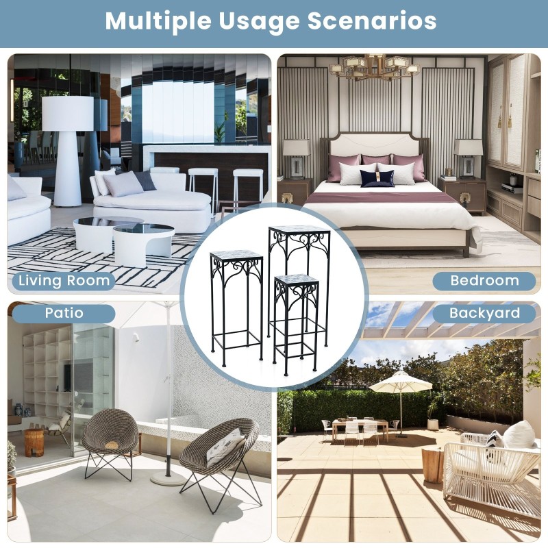 Kolmen sinisen mosaiikkikasvitelineen sarja metallirungolla