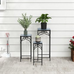 Kolmen sinisen mosaiikkikasvitelineen sarja metallirungolla