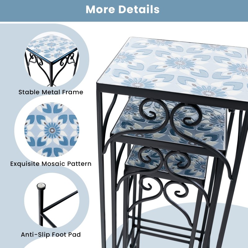 Kolmen sinisen mosaiikkikasvitelineen sarja metallirungolla