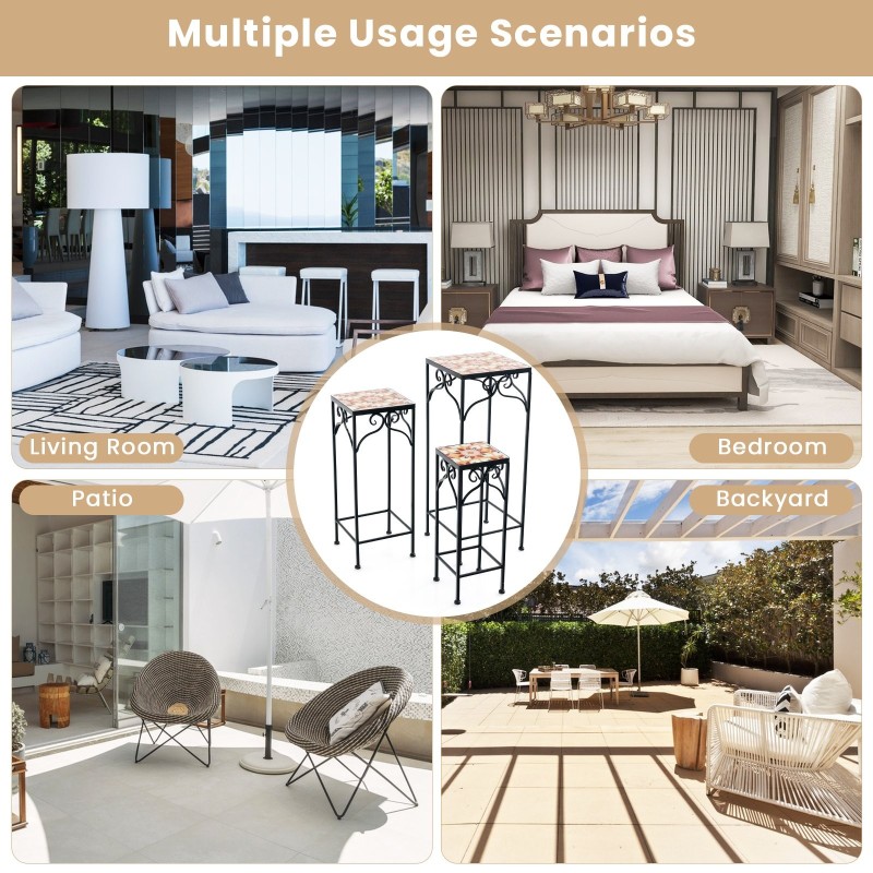 Kolmen mosaiikkikeltainen metallinen kasvitelineen sarja