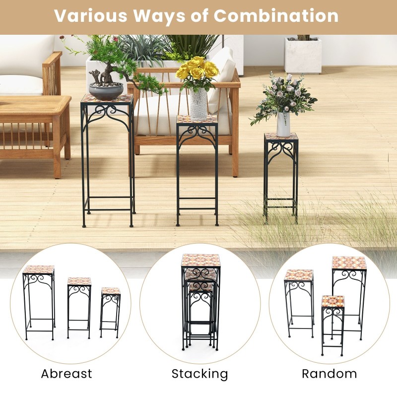 Kolmen mosaiikkikeltainen metallinen kasvitelineen sarja