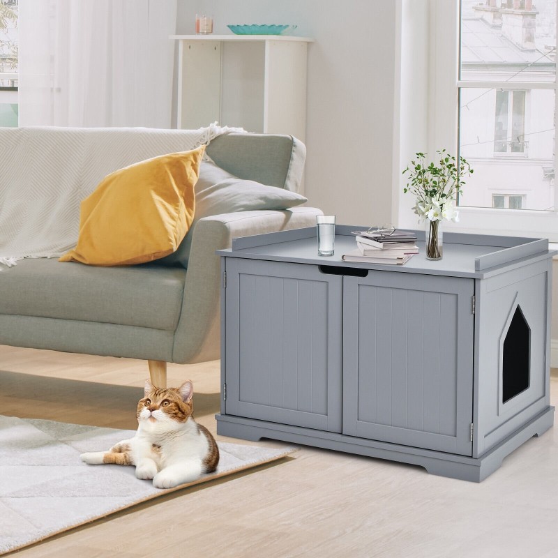 Harmaa monikäyttöinen kissatalo yöpöydäksi ja leikkipaikaksi