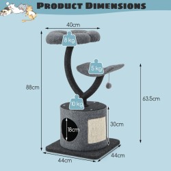 3-tasoinen harmaa kissatorni sisäkissoille raapimislaudalla