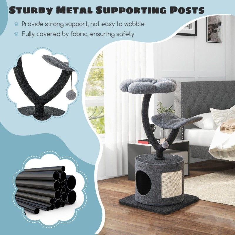 3-tasoinen harmaa kissatorni sisäkissoille raapimislaudalla