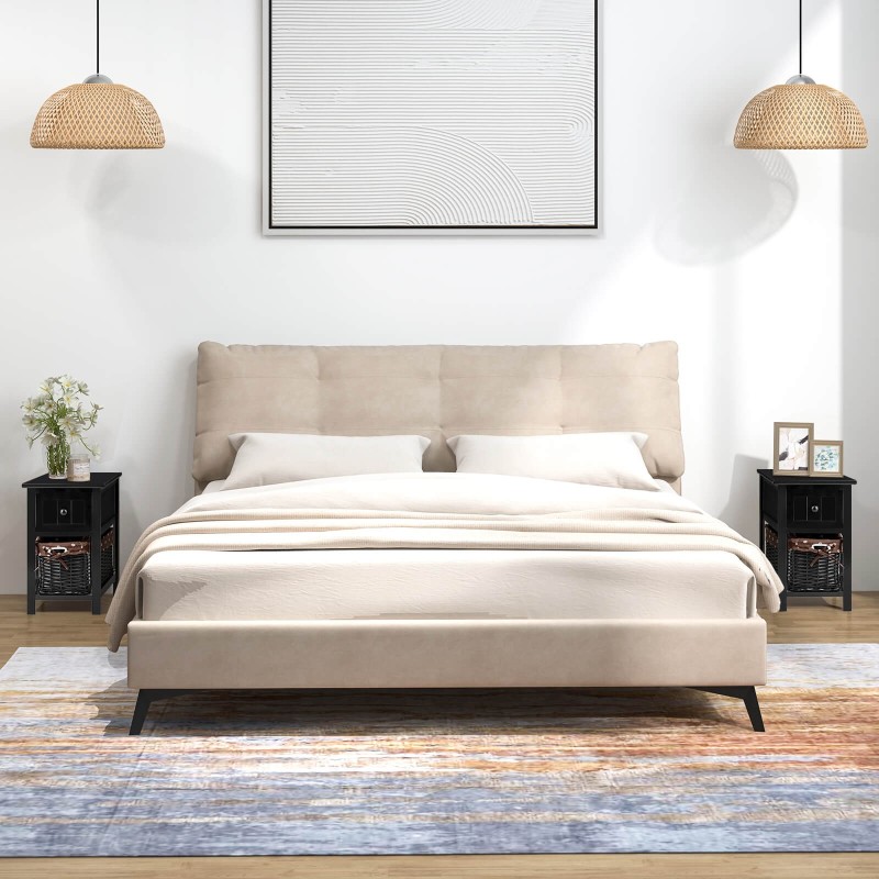 Kaksikerroksinen musta yöpöytä laatikolla ja korilla