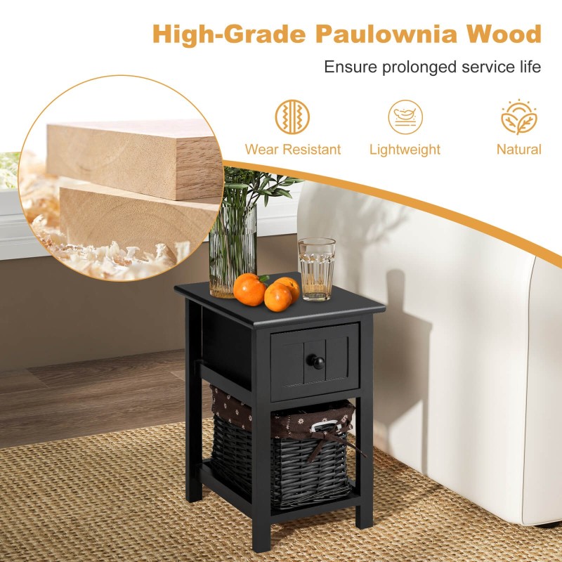 Kaksikerroksinen musta yöpöytä laatikolla ja korilla