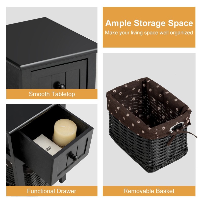 Kaksikerroksinen musta yöpöytä laatikolla ja korilla