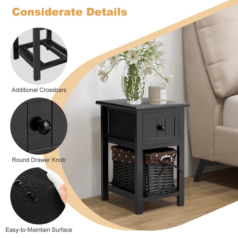 Kaksikerroksinen musta yöpöytä laatikolla ja korilla