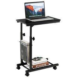 Korkeussäädettävä musta C-muotoinen kannettavan tietokoneen pöytä säilytyskorilla