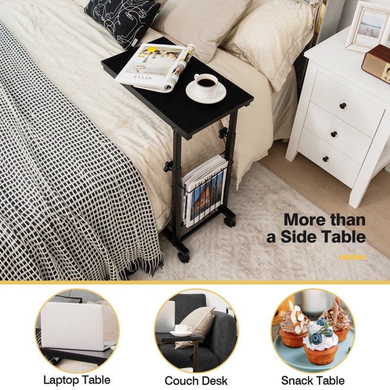 Korkeussäädettävä musta C-muotoinen kannettavan tietokoneen pöytä säilytyskorilla