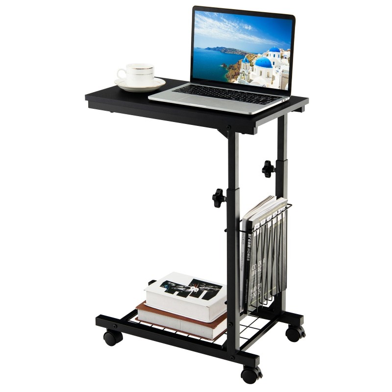 Korkeussäädettävä musta C-muotoinen kannettavan tietokoneen pöytä säilytyskorilla