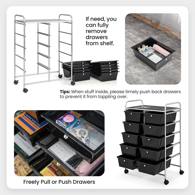 Musta liikuteltava säilytysvaunu 10 laatikolla ja pyörillä