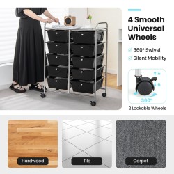 Musta liikuteltava säilytysvaunu 10 laatikolla ja pyörillä