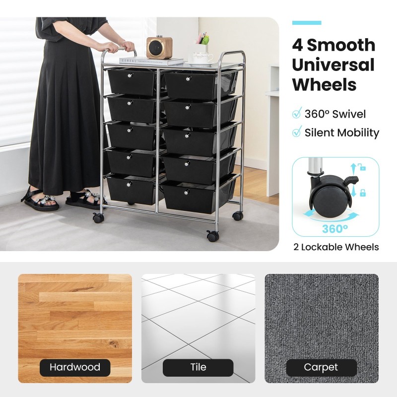 Musta liikuteltava säilytysvaunu 10 laatikolla ja pyörillä