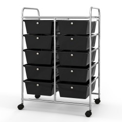 Musta liikuteltava säilytysvaunu 10 laatikolla ja pyörillä