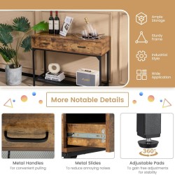 Kapea rustiikkinen ruskea konsolipöytä kahdella laatikolla