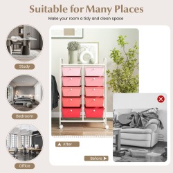 Liikuteltava säilytysvaunu 10 laatikolla ja pyörillä, vaaleanpunainen