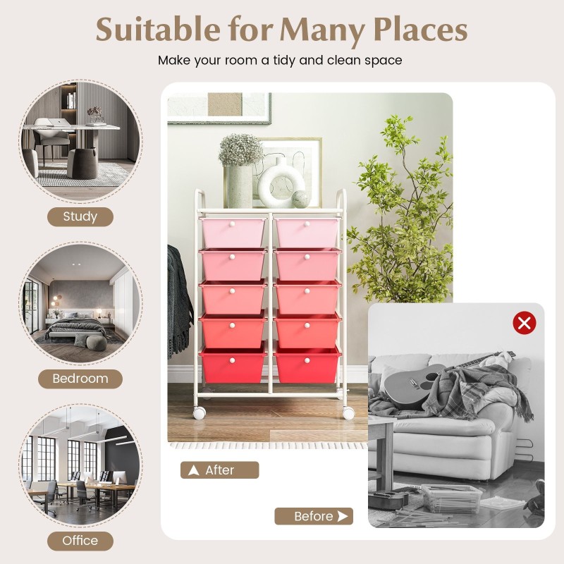 Liikuteltava säilytysvaunu 10 laatikolla ja pyörillä, vaaleanpunainen