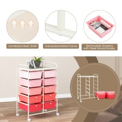 Liikuteltava säilytysvaunu 10 laatikolla ja pyörillä, vaaleanpunainen