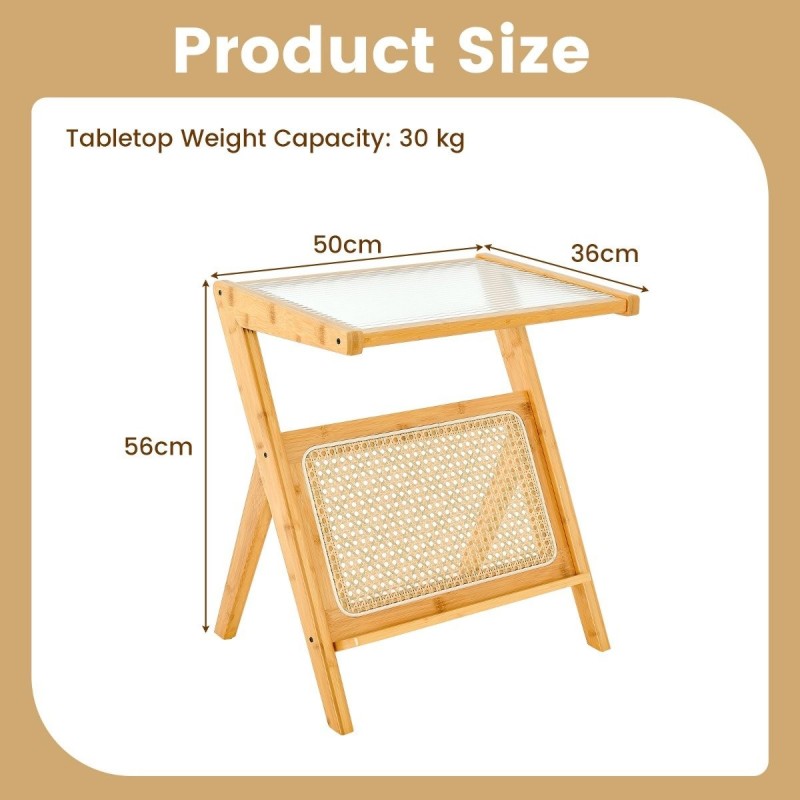 Bambu yöpöytä karkaistulla lasikannella, luonnollinen rottinkimuotoilu