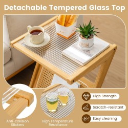 Bambu yöpöytä karkaistulla lasikannella, luonnollinen rottinkimuotoilu