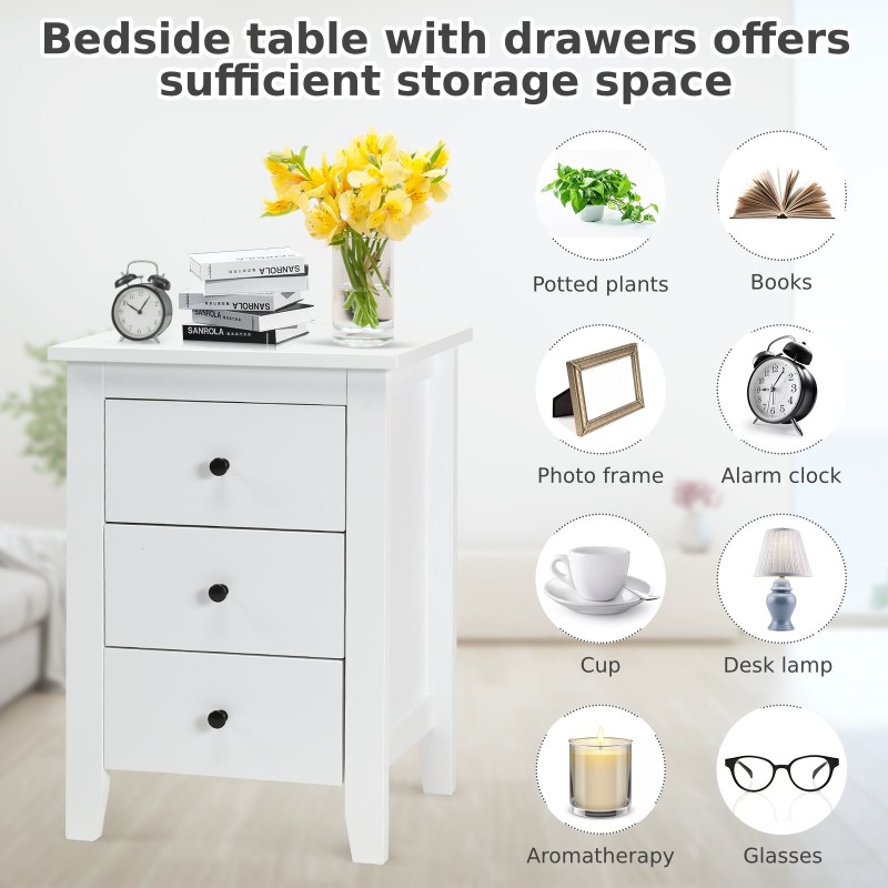 Valkoinen puinen yöpöytä kolmella laatikolla ja vakaalla rakenteella