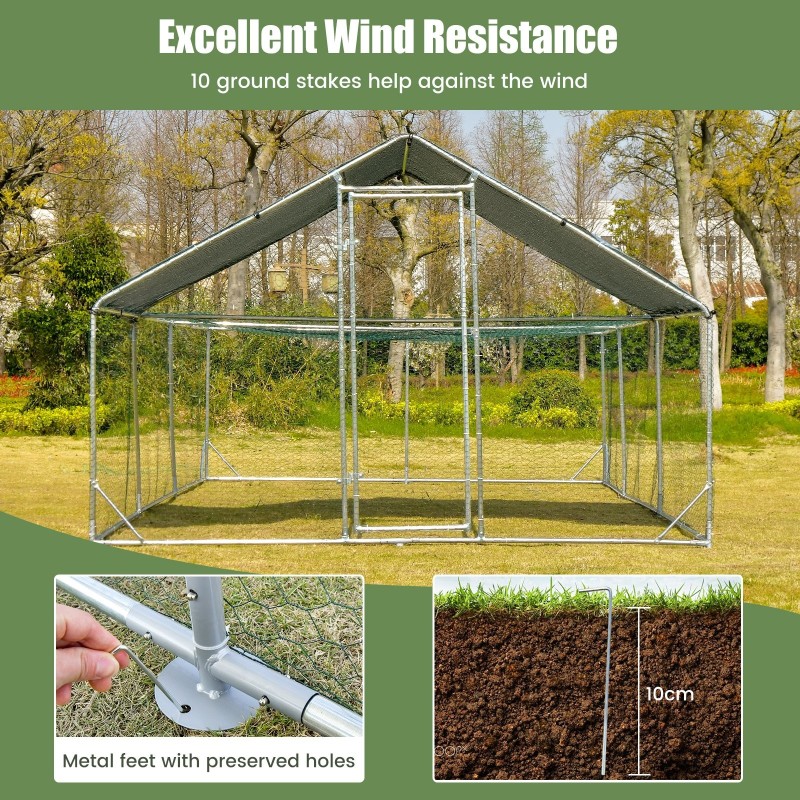 Suuri metallinen käveltävä kanakoppi säänkestävällä katteella