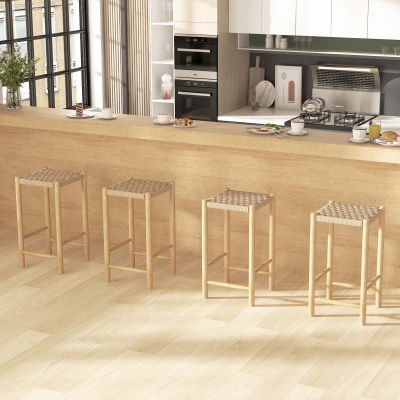 Kahden jakkaran setti, kumipuu, kudottu istuin, luonnonväri