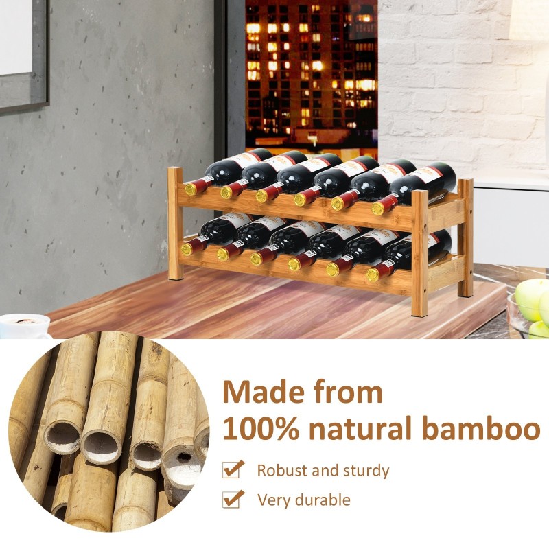 Kaksitasoinen bambu viinipulloteline, luonnollinen, 12 pullolle