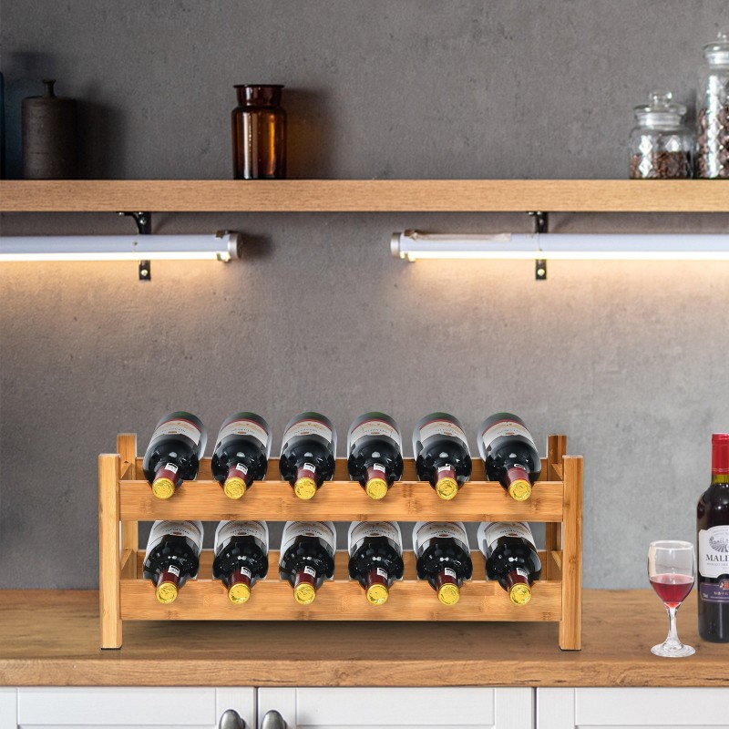 Kaksitasoinen bambu viinipulloteline, luonnollinen, 12 pullolle