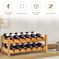 Kaksitasoinen bambu viinipulloteline, luonnollinen, 12 pullolle