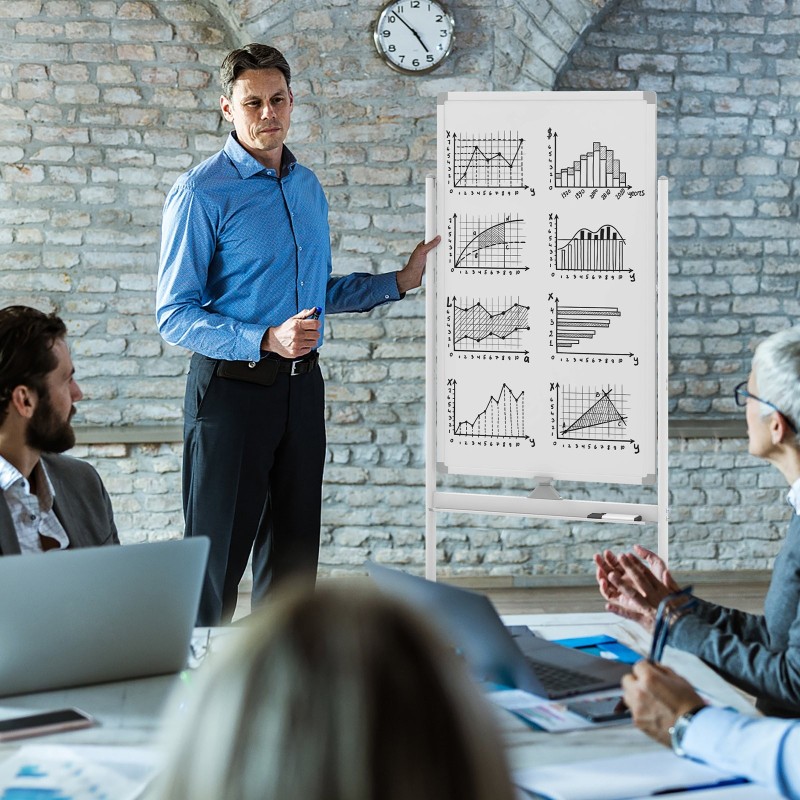 Käännettävä valkotaulu pyörillä ja tarvikkeilla, valkoinen