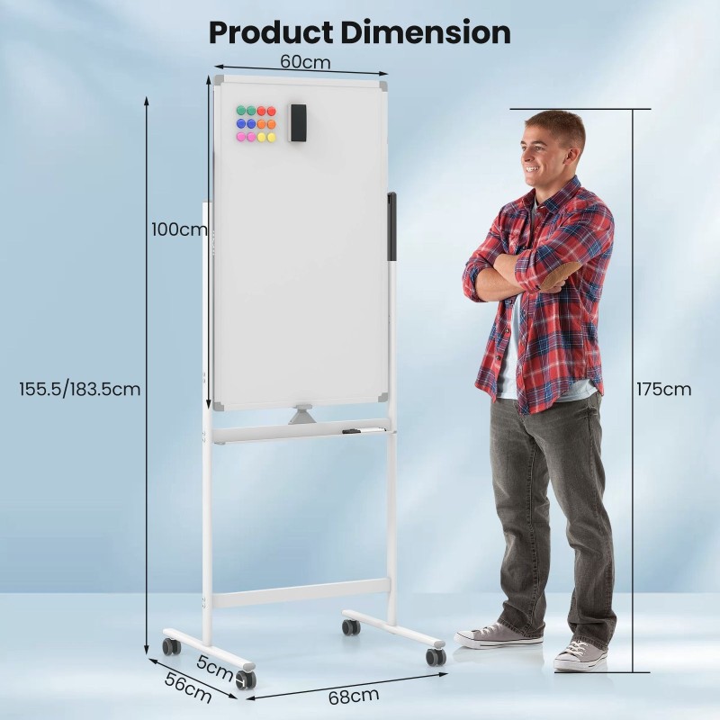 Käännettävä valkotaulu pyörillä ja tarvikkeilla, valkoinen