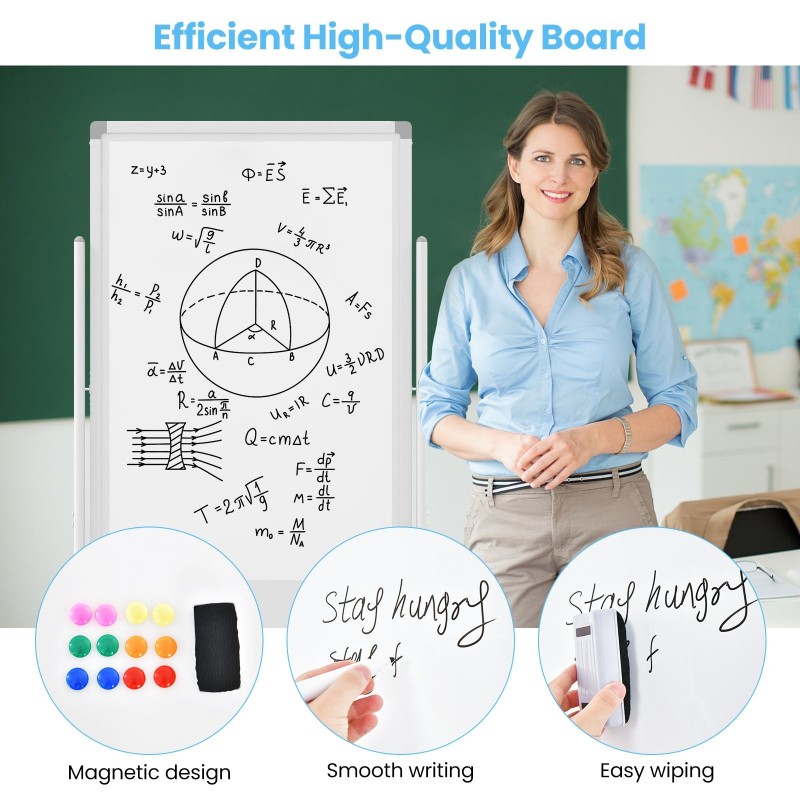 Käännettävä valkotaulu pyörillä ja tarvikkeilla, valkoinen