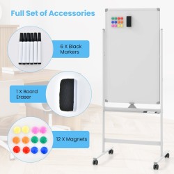 Käännettävä valkotaulu pyörillä ja tarvikkeilla, valkoinen