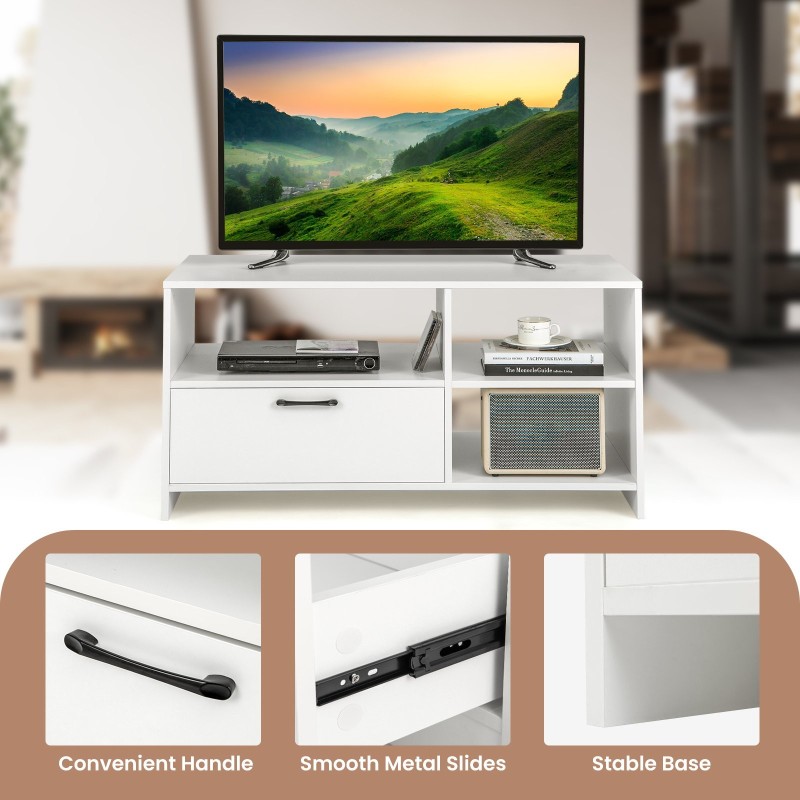 Valkoinen tv-taso avoimilla lokeroilla ja laatikolla