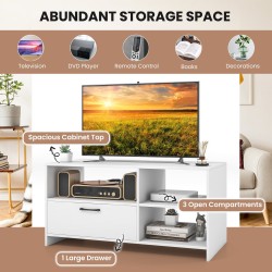 Valkoinen tv-taso avoimilla lokeroilla ja laatikolla