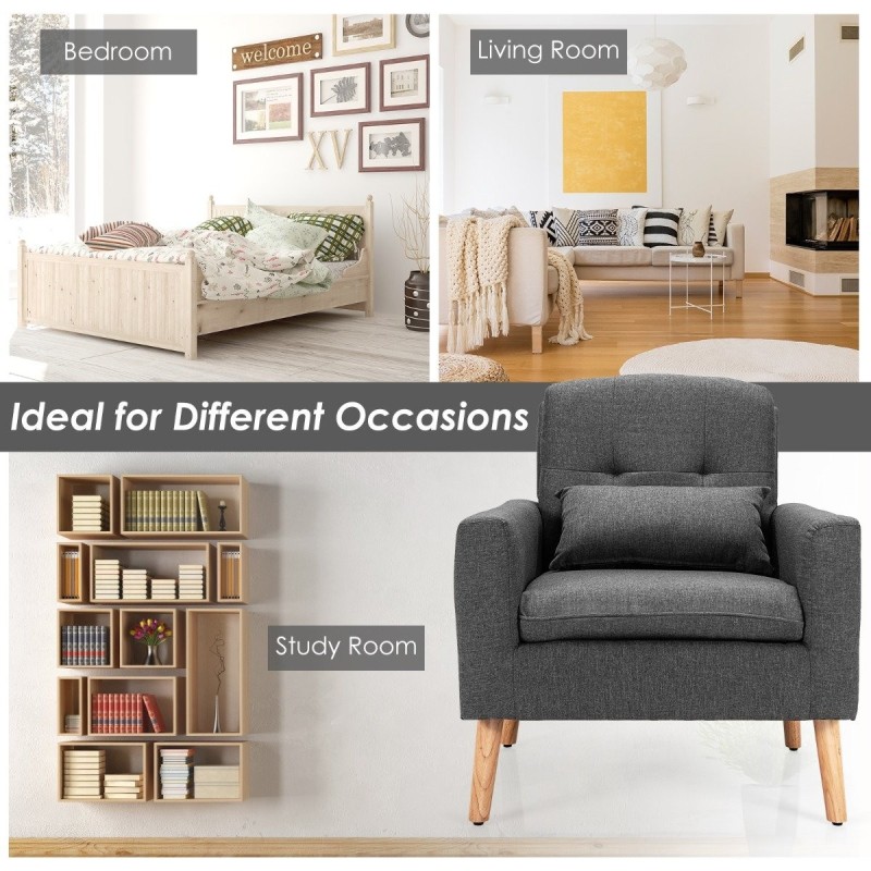 Moderni harmaa lepotuoli käsinojilla ja selkätyynyllä