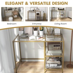 Kultainen lasinen konsolipöytä kahdella hyllyllä ja metallirungolla