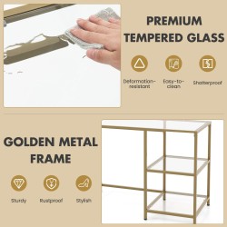 Kultainen lasinen konsolipöytä kahdella hyllyllä ja metallirungolla