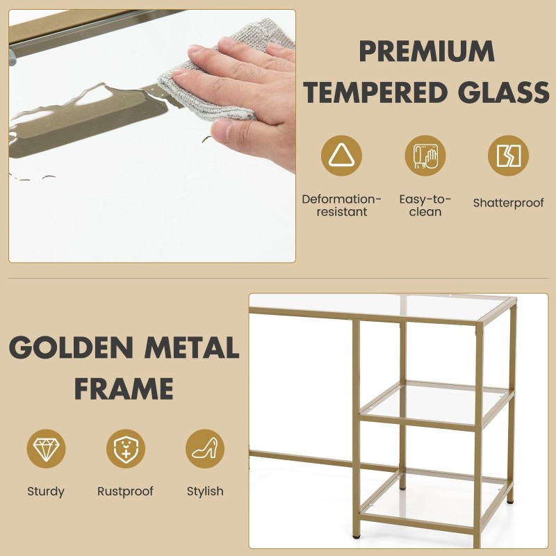 Kultainen lasinen konsolipöytä kahdella hyllyllä ja metallirungolla
